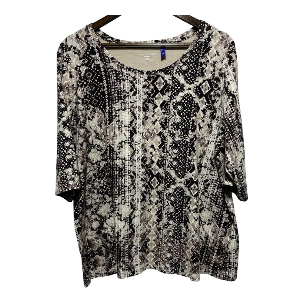 Catherines TShirt Womens 14 16 Petite Black Grunge Print Half Sleeve Cotton Top